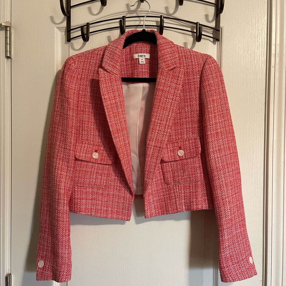 Bar III Women’s Red Tweed Cropped Blazer Tailored Statement Jacket NWOT Size M